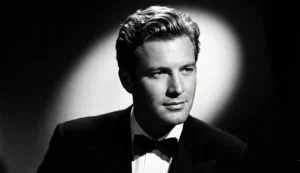 A black and white vintage-style portrait of a man with wavy hair wearing a tuxedo, illuminated by a dramatic spotlight against a dark background.