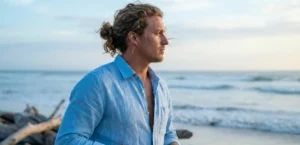 A side profile of a man with wavy, sun-bleached hair tied in a loose, messy man bun. He is wearing a light blue linen shirt and bracelets, looking out at the ocean during sunset.