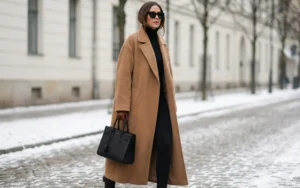A woman walks on a snow-dusted cobblestone street, wearing a long camel wool coat, a black turtleneck, black pants, sunglasses, and holding a black handbag.