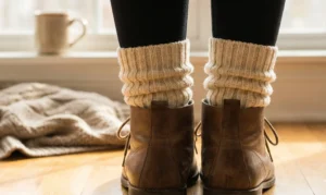 A cozy, low-angle shot from behind shows feet wearing thick cream ribbed socks scrunched over black leggings, tucked into brown leather ankle boots. They are standing on a wooden floor indoors, with a knitted blanket and coffee mug by a window in the soft-focus background.