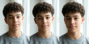 A triptych portrait showing three headshots of a teenage boy with a neat, short curly crop haircut, wearing a grey crewneck sweater.