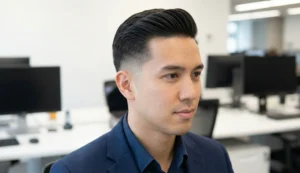 A profile view of an Asian man with a clean, professional structured quiff haircut that transitions into a low fade on the sides, wearing a blue suit jacket in a modern office environment.
