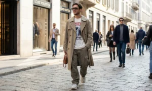 A street style photograph of a young man wearing sunglasses, a beige trench coat over a graphic t-shirt, and cargo pants, walking down a luxury shopping street in a European city.