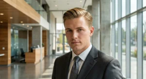 Portrait of a professional man with slicked-back blonde hair and a grey suit, standing in a modern office lobby.