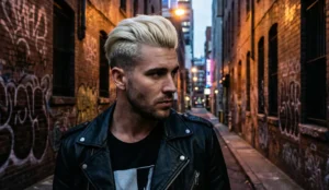 A portrait of a man with a striking platinum blonde undercut hairstyle, where the top is voluminous and slicked back, contrasting with short dark sides. He is wearing a black leather jacket and standing in a narrow, graffiti-covered brick alleyway at dusk, illuminated by warm city lights.
