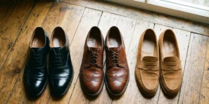 An overhead photograph of three distinct pairs of quality men's shoes neatly arranged on a rustic wooden floor: black leather Oxfords on the left, brown leather wingtip brogues in the center, and tan suede loafers on the right.