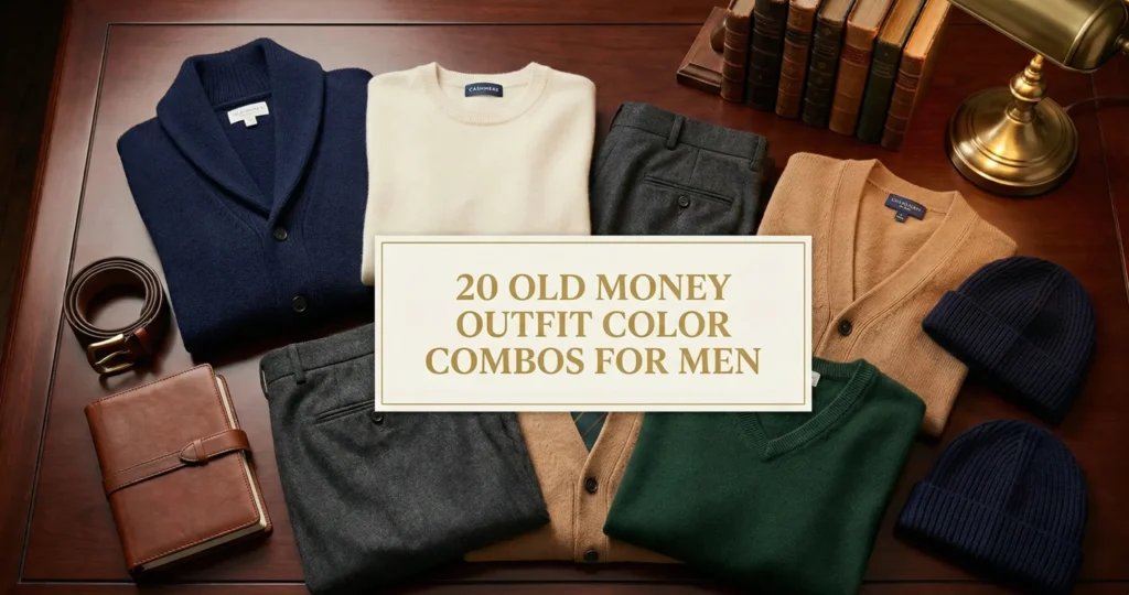 An overhead flat-lay photograph on a dark mahogany desk, displaying folded men's "Old Money" aesthetic clothing including sweaters in navy, cream, camel, and green, alongside grey trousers, leather accessories, antique books, and a brass lamp. A central card with gold text reads "20 OLD MONEY OUTFIT COLOR COMBOS FOR MEN".