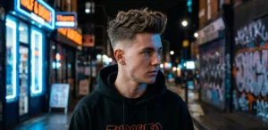 A young man with a textured pompadour haircut and faded sides, wearing a hoodie on a city street at night illuminated by neon signs.