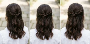 Rear view triptych of a woman with dark wavy hair styled in a twisted half-up half-down hairdo.