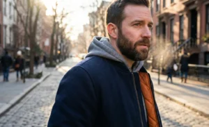 A bearded man in a navy bomber jacket with a quilted orange lining and a grey hoodie, walking on a sunlit cobblestone street.