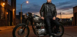 A man in a black leather jacket and dark turtleneck sits on a vintage motorcycle at dusk.
