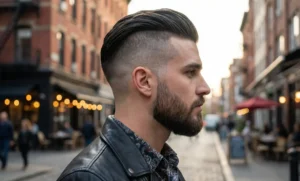 A profile view of a man with an undercut hairstyle (shaved sides, long top) and a faded beard, wearing a leather jacket in an urban setting.