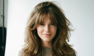 A portrait of a woman with a voluminous, tousled layered haircut and long curtain bangs.