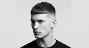 A minimalist black and white portrait of a young man with a geometric French crop fade haircut, featuring a straight, blunt fringe across the forehead and sharply faded sides.