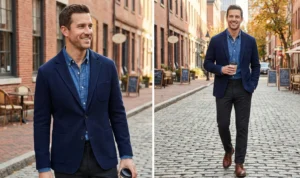 A two-panel photo of a man. On the left, he smiles, wearing a navy knit blazer over a denim button-down shirt. On the right, he walks on a cobblestone street, holding a coffee cup, wearing the same blazer and shirt with dark grey trousers and brown chukka boots.