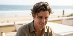 A candid photograph of a man with tousled, wavy brown hair, wearing a linen shirt and smiling gently, seated outdoors on a patio with a beach and ocean in the background.
