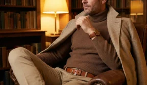 A man sits in a leather armchair inside a dimly lit library, wearing a brown turtleneck with a beige wool coat draped over his shoulders.