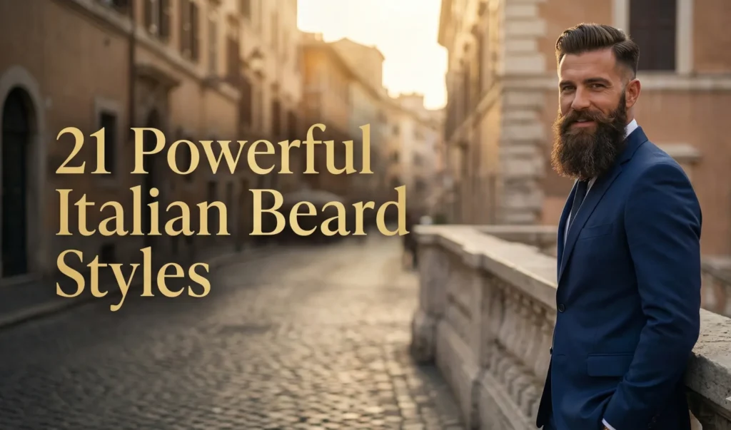 A man with a long, full beard and a stylish haircut wears a dark blue suit, leaning against a stone balustrade. He is smiling and looking directly at the camera. The background shows a cobblestone street and old buildings, characteristic of a European town, bathed in warm sunset light. Large gold text on the left side of the image reads: "21 Powerful Italian Beard Styles