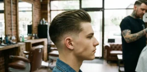 A side profile photograph of a teenage boy in a barbershop, showing a slicked-back pompadour hairstyle with a clean skin fade.