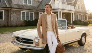 A stylish man wearing a camel-colored polo coat and white chinos, holding a leather weekend bag and leaning against a vintage cream Mercedes-Benz convertible in front of a large shingle-style estate during the late afternoon golden hour.
