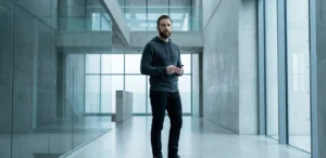 A bearded man wearing black slim-fit jeans and a dark grey hoodie, holding a smartphone while standing in a minimalist, modern concrete and glass architectural space.