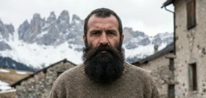 A rugged portrait of a mature man with a massive, thick full beard and a brown wool sweater, staring intently at the camera before stone buildings and snow-capped mountain peaks.
