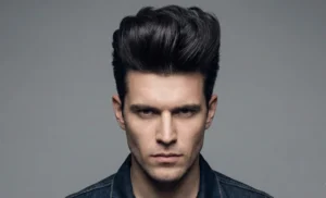 Close-up studio portrait of a man with an extremely tall, dense dark pompadour hairstyle, looking intently at the camera against a grey background.