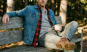 A man sits on a rustic wooden bench outdoors, holding a ceramic mug. He is wearing a blue denim jacket over an unbuttoned red and black plaid flannel shirt and a grey waffle-knit thermal. He has jeans and muddy brown work boots on.