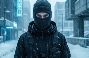 A portrait of a person in a black knitted balaclava, showing only their eyes, and a black techwear jacket with straps. They are standing outdoors in a heavy snowstorm with a blurred urban background.