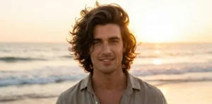 A portrait of a smiling man with long, thick, wavy brown hair pushed back loosely, standing on a beach during a sunset. Image 11: A portrait of a smiling man with long, thick, wavy brown hair pushed back loosely, standing on a beach during a sunset.