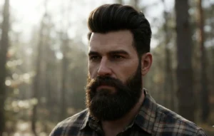 Portrait of a rugged man with a thick dark pompadour hairstyle and a full beard, wearing a plaid flannel shirt in a sunlit forest.