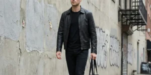 A street style photograph of a man walking past a weathered concrete wall with graffiti. He wears a sophisticated monochromatic outfit featuring a black leather jacket, black t-shirt, and black slim jeans, carrying a black tote bag.