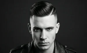 A dramatic black and white portrait of a man in a leather jacket. He has a bold undercut hairstyle with slicked-back hair on top, a sharp hard part, and closely shaved sides.