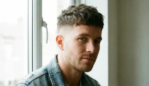 A close-up portrait of a man with a short, textured crop hairstyle on top and faded sides, looking towards the camera while sitting by a window.