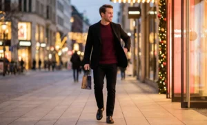 A smiling man walks down a festive, brightly lit city street at night, holding a gift bag and wearing a black blazer over a burgundy sweater.
