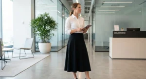 A professional woman wearing a white shirt and black midi skirt, holding a tablet and standing in a modern, sunlit office lobby.