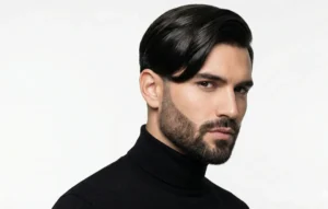 A man with silky straight hair styled in a side sweep, featuring a neatly faded beard and sharp cheek lines, against a white background.