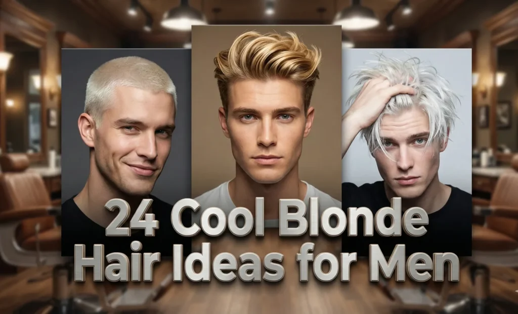 A blog feature image with the title "24 Cool Blonde Hair Ideas for Men" in large, metallic 3D text. Above the text is a three-panel collage featuring portraits of different men with blonde hair: the left panel shows a man with a short platinum buzz cut, the center panel shows a man with a styled golden blonde quiff, and the right panel shows a man with messy icy white blonde hair. The background is a blurred, warm-toned barbershop interior with leather chairs and mirrors.