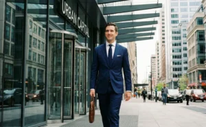 A man wearing a tailored bright navy blue suit and carrying a leather briefcase walks away from the entrance of a modern glass and steel office building named "URBAN CAPITAL."