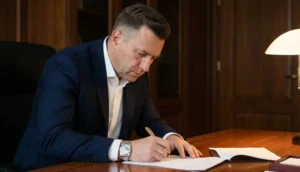 A man with a neat business haircut, wearing a dark suit and a watch, leaning over a wooden executive desk to sign a document under the light of a desk lamp.