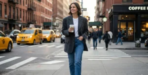 A woman walking on a New York City street, wearing a grey blazer and jeans, holding a coffee cup. Yellow taxis are visible in the background.