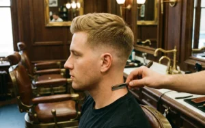 Portrait of a professional man with slicked-back blonde hair and a grey suit, standing in a modern office lobby