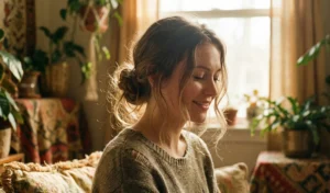 Soft, intimate portrait of a woman with a loose, messy low bun and many soft tendrils framing her face, smiling gently in warm window light.