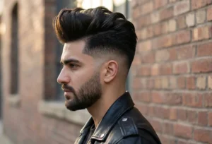 A side profile photograph of a man featuring a voluminous dark quiff hairstyle with a sharp fade on the sides. He wears a black leather jacket and has a neat beard, posing against a blurred urban brick wall background.