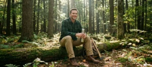 A smiling man wearing a green flannel shirt sits on a mossy log in a sunlit forest, holding a thermos with a backpack nearby.