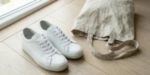 A close-up photograph of clean white leather sneakers placed next to a beige linen tote bag on a light wooden floor.