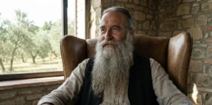 A portrait of an older man with a long, impressive chest-length beard, sitting serenely in a leather armchair by a window in a rustic stone villa.
