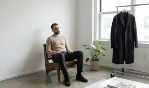 A man sits on a modern wooden chair in a minimalist room, wearing a beige sweater and dark grey trousers, next to a clothing rack with a dark coat.