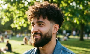 A smiling man with voluminous dark curly hair and a faded beard, wearing a denim jacket in a sunlit park.
