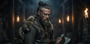 A Viking-style man with a braided man bun and shaved undercut, a long beard, and leather armor, holding a battle axe. He is in a dark, smoky wooden longhouse with fire torches.